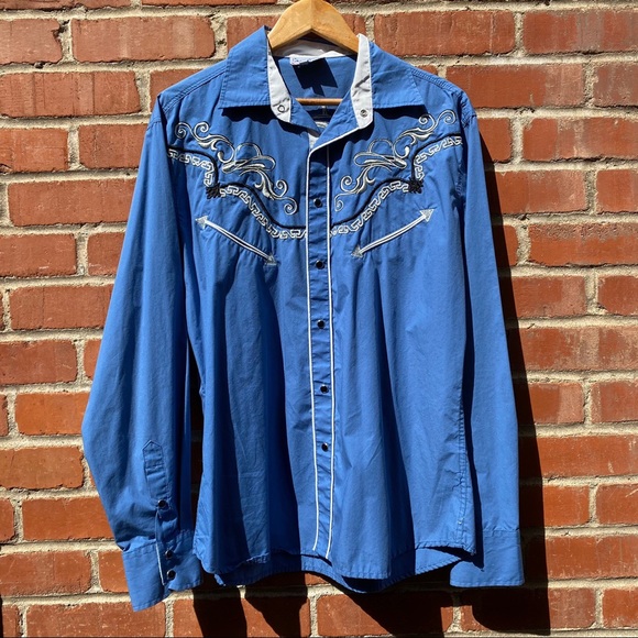 Ace of Diamond Blue Cowboy Hat Embroidered Long Sleeve Blue Shirt - Picture 1 of 3